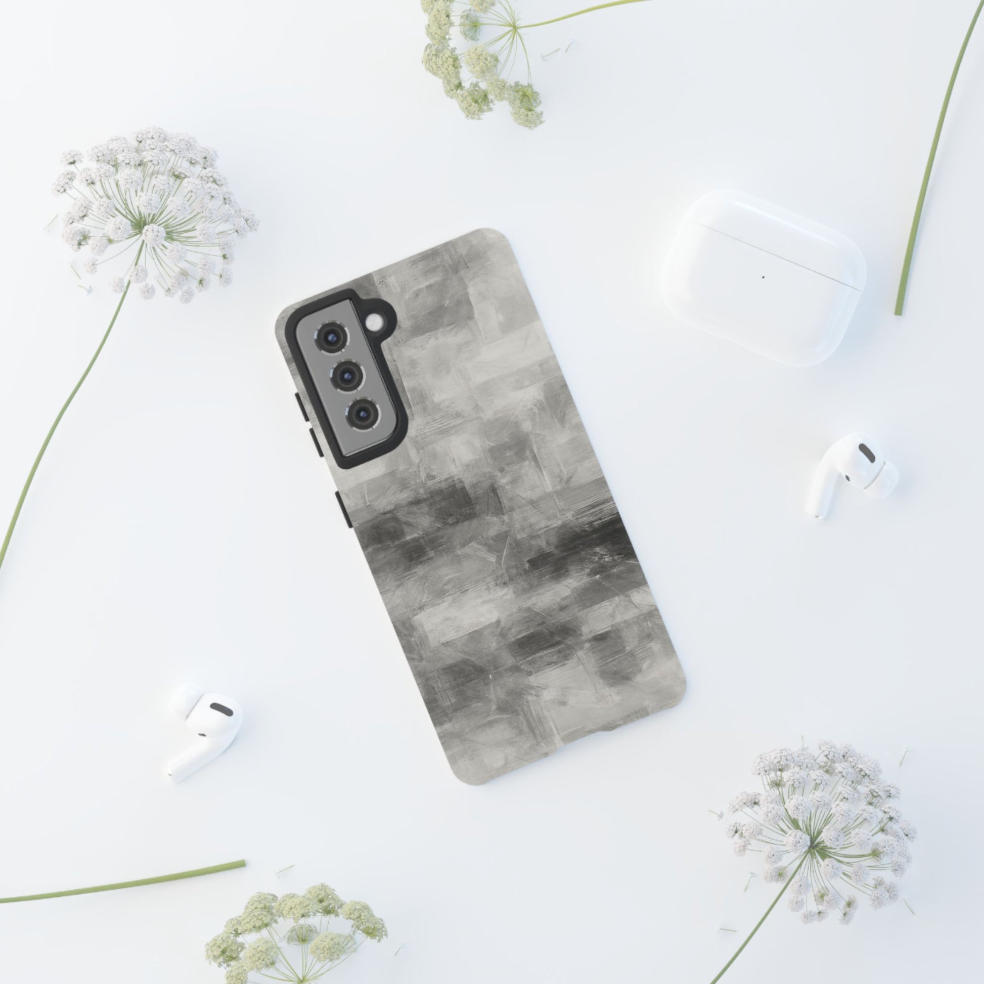 Abstract gray grid phone case for iPhone, tough protective cover by Printify featuring a modern geometric design.