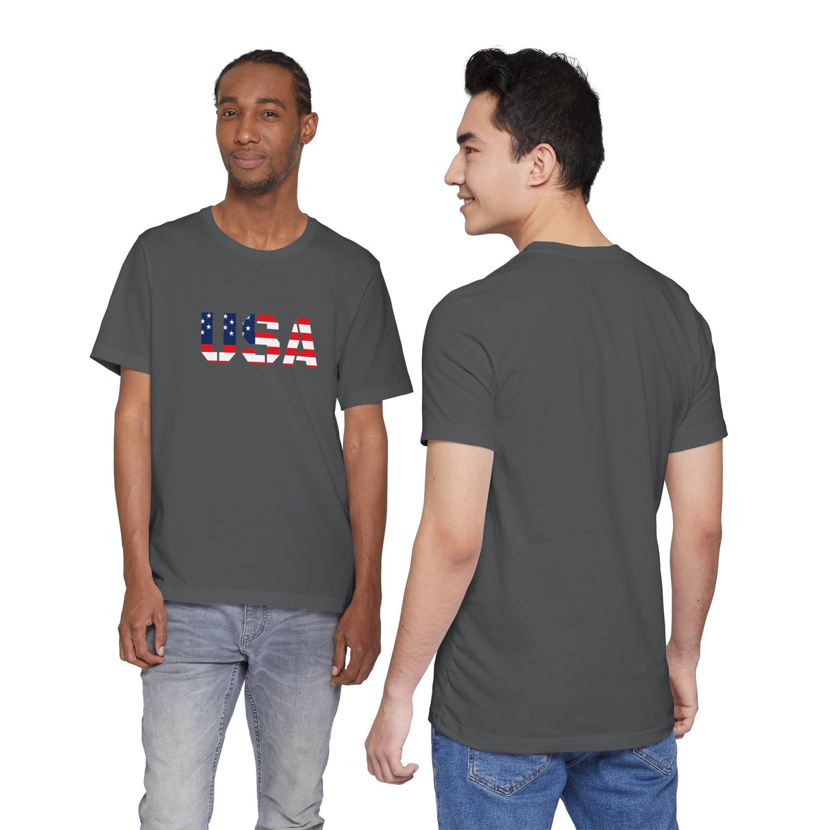 USA flag text T-shirt by Printify featuring patriotic American flag design for Fourth of July celebrations.