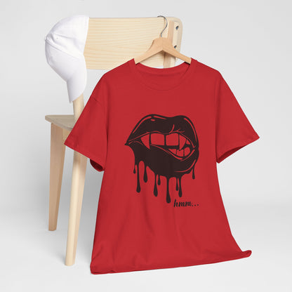 Graphic T-shirt featuring dripping lips 'hmm...' bite design by Printify, with bold lips and graphic artwork on the front.