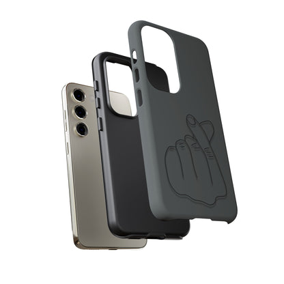 Silicone phone case with embossed Korean finger heart design, compatible with smartphones, by Printify.