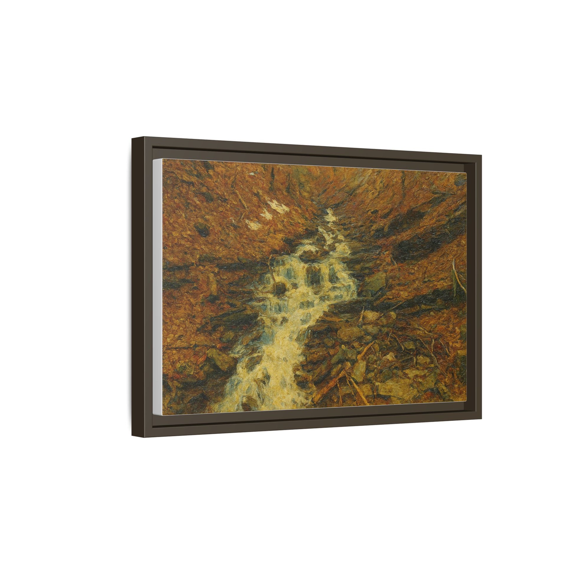 Framed matte canvas print of autumn stream landscape artwork by Printify, featuring colorful fall trees and flowing water.