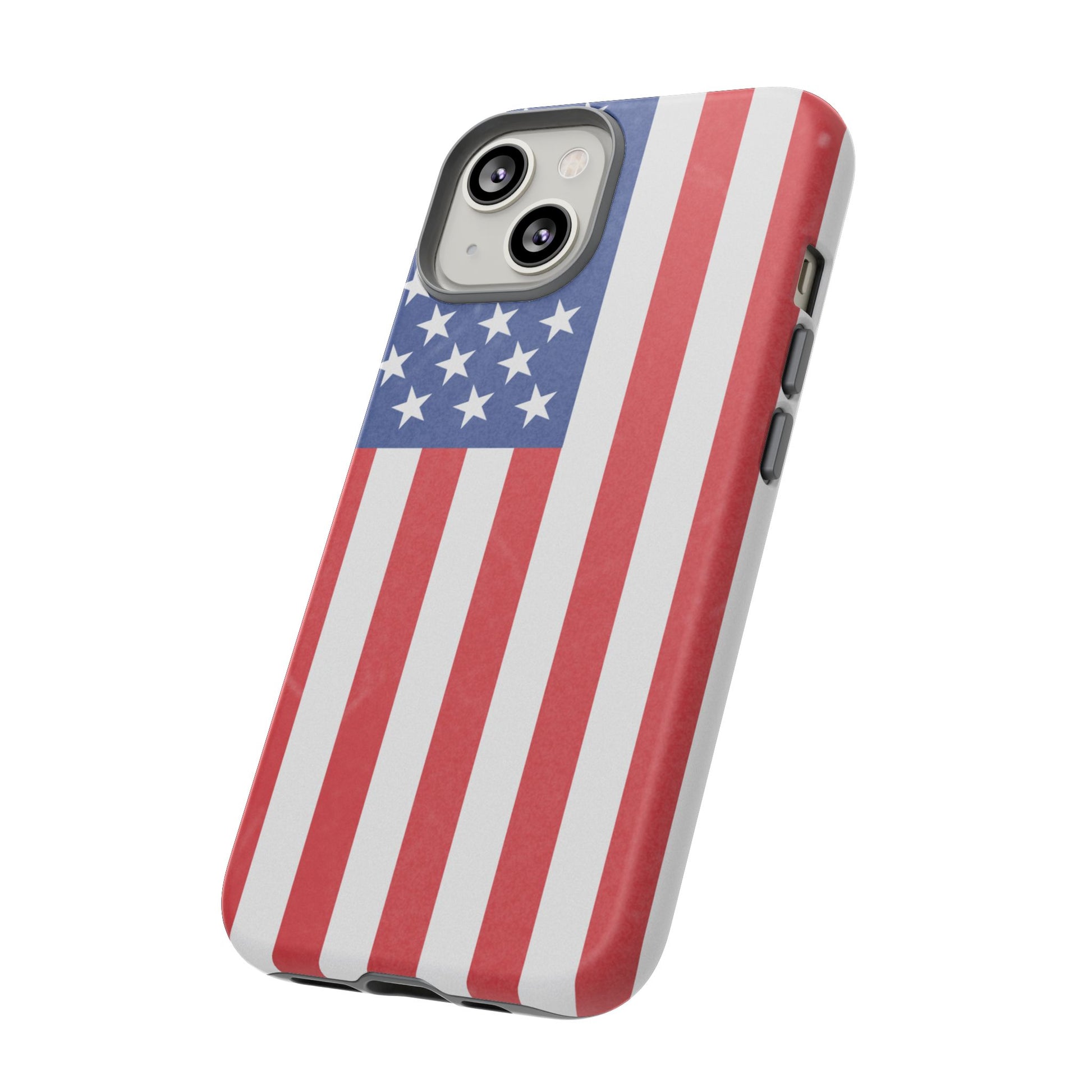 American flag tough phone case for iPhone and Samsung, patriotic protective cover with bold flag design by Printify.