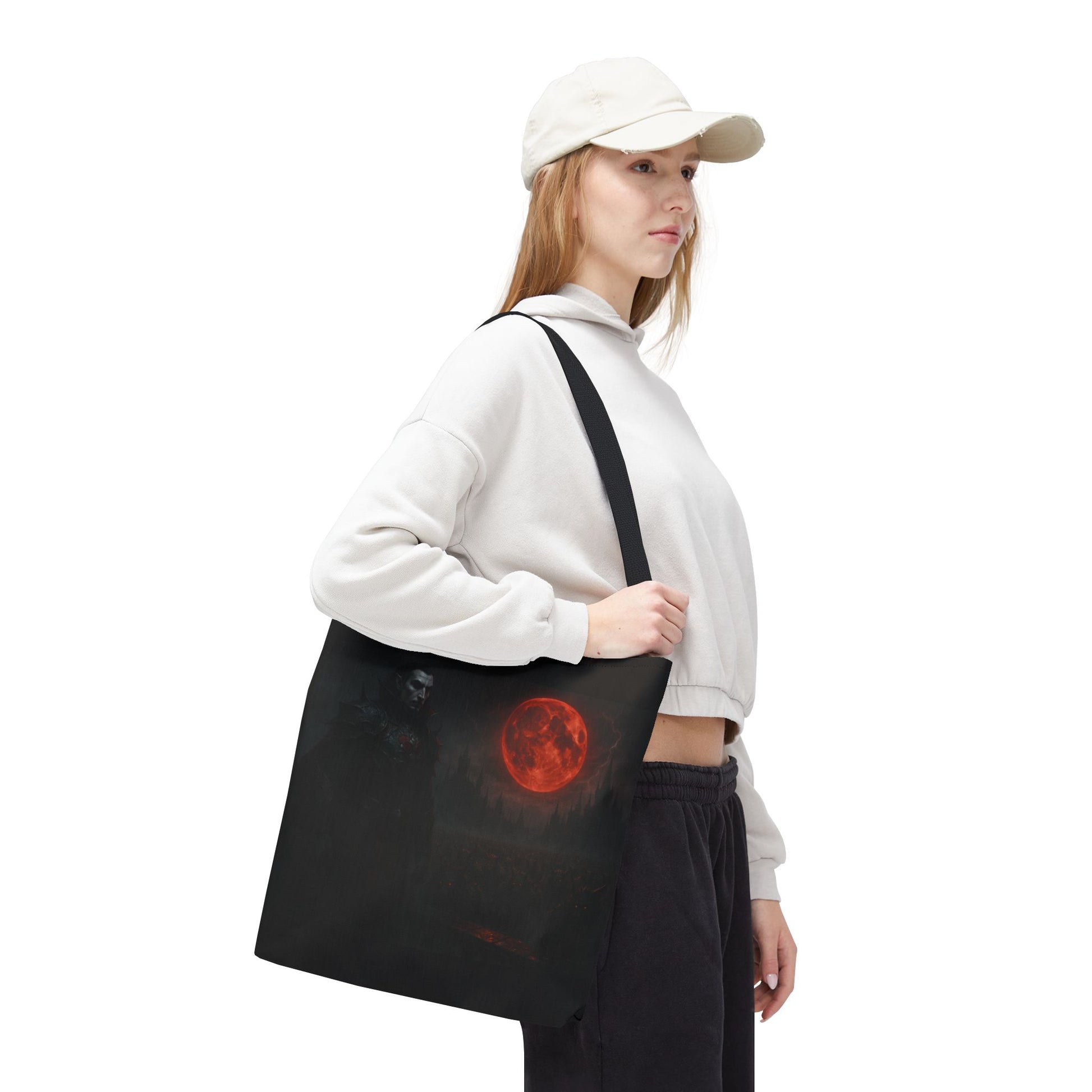Gothic Dracula tote bag with moonlit vampire art, featuring spooky Halloween vampire design, made by Printify.