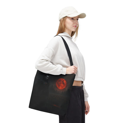 Gothic Dracula tote bag with moonlit vampire art, featuring spooky Halloween vampire design, made by Printify.
