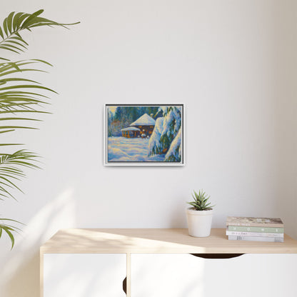 Framed matte canvas print of snowy cabin winter landscape wall art by Printify, showcasing a cozy winter scene with trees and snow.