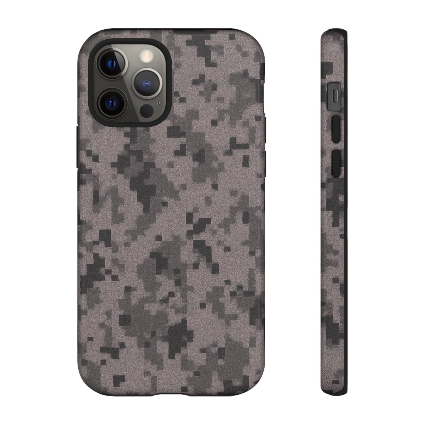 Gray digital camouflage phone case by Printify, tough protective cover for smartphones with durable camouflage design.