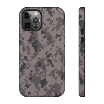 Gray digital camouflage phone case by Printify, tough protective cover for smartphones with durable camouflage design.