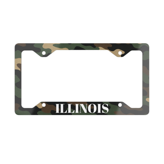 Military green Camo Illinois metal license plate frame with state tag border, designed as a durable accessories for vehicles.