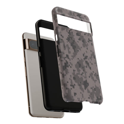 Gray digital camouflage phone case by Printify, tough protective cover designed for smartphones with a rugged camo pattern.