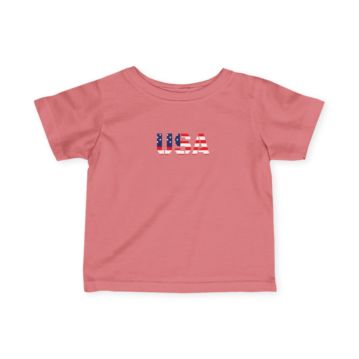 Infant tee with USA flag block print, colorful baby shirt for kids, made by Printify, featuring patriotic design and soft fabric.