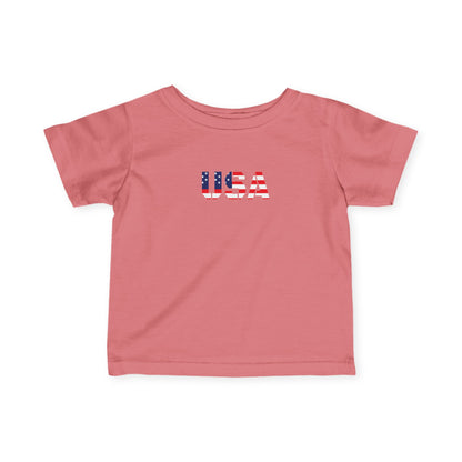 Infant tee with USA flag block print, colorful baby shirt for kids, made by Printify, featuring patriotic design and soft fabric.