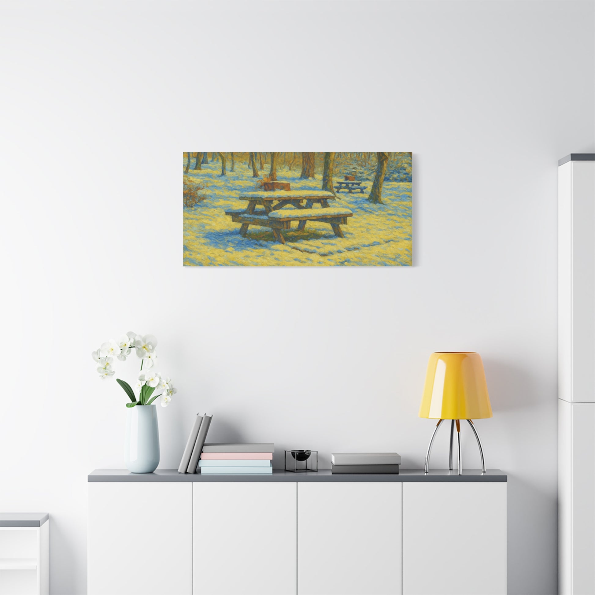 Winter picnic canvas print by Printify featuring a snow-covered park bench wall art on a canvas surface.