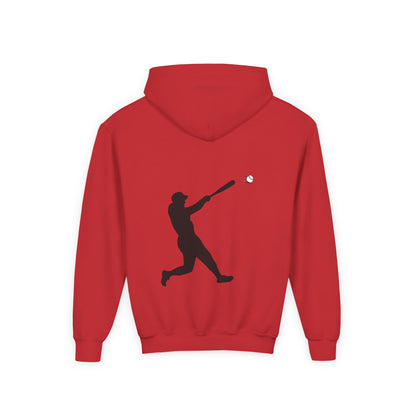 Kids youth baseball silhouette hoodie featuring a baseball player graphic, pullover style, from Printify.