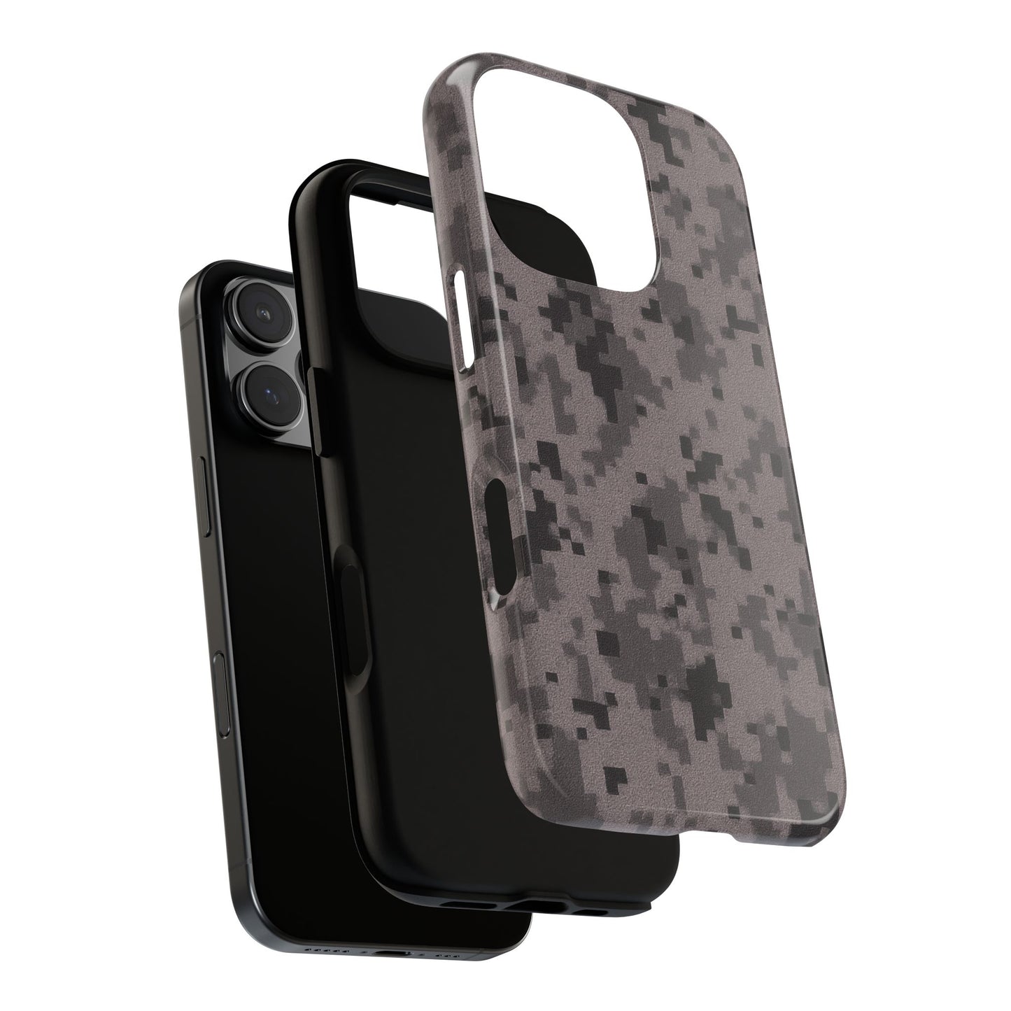 Gray digital camouflage phone case by Printify, rugged protective cover for smartphones with a tough, stylish camouflage design.