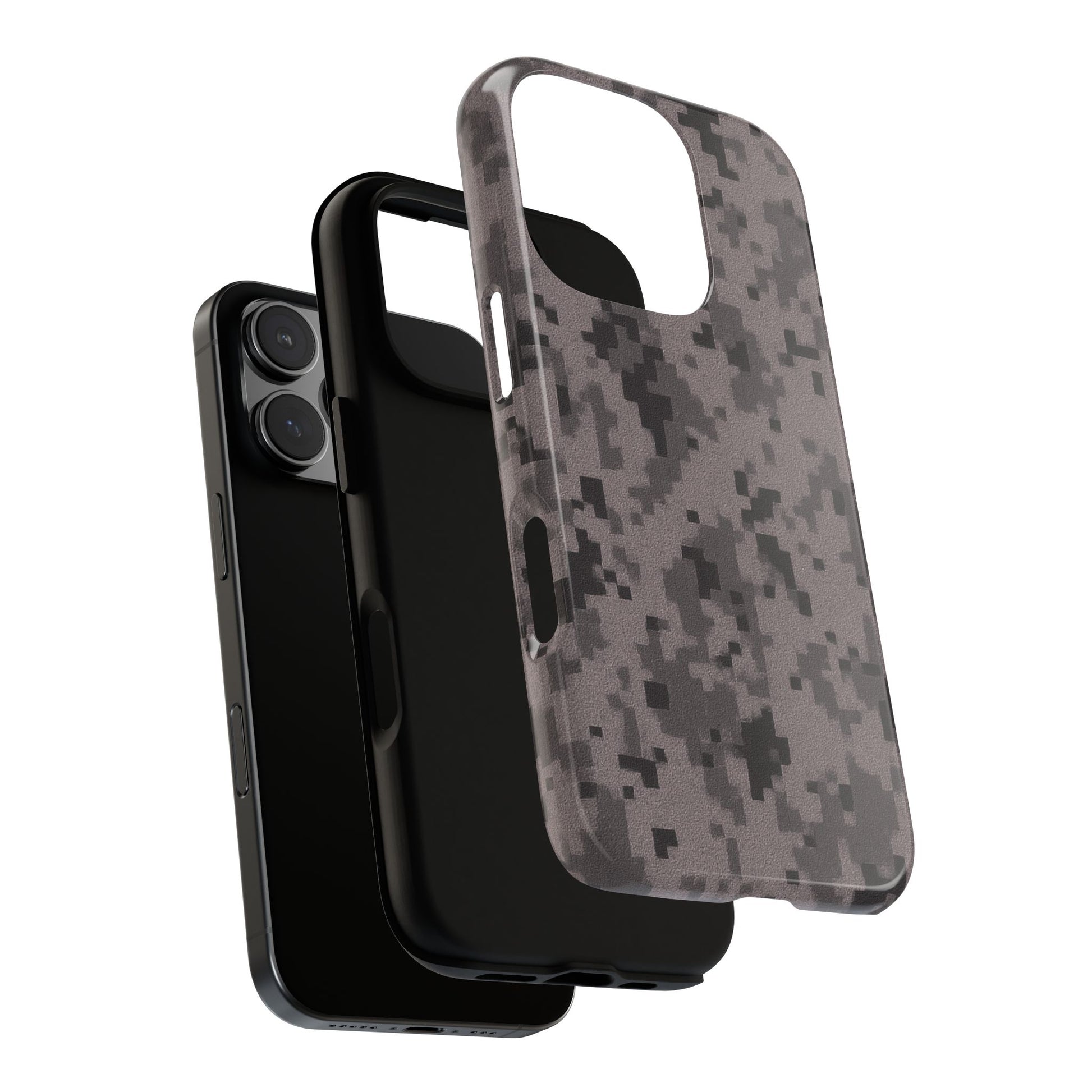 Gray digital camouflage phone case by Printify, rugged protective cover for smartphones with a tough, stylish camouflage design.