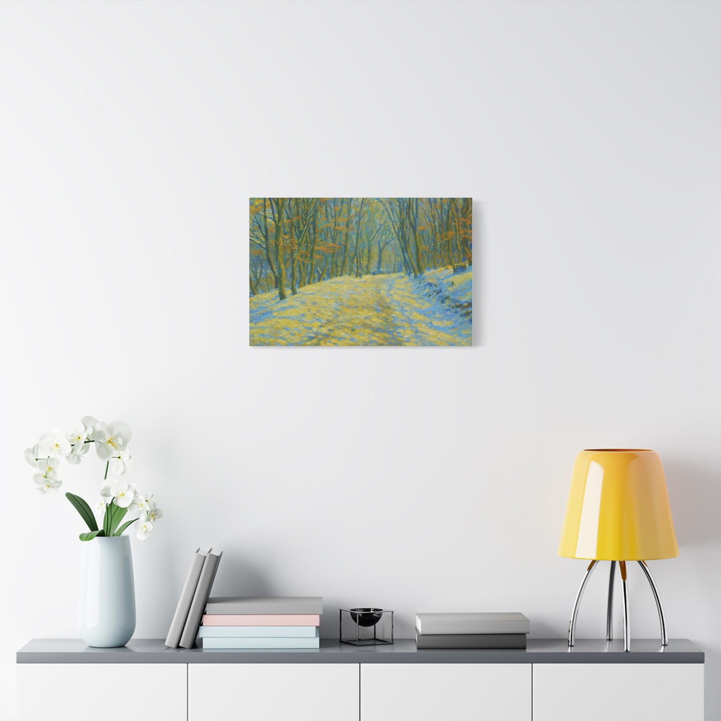 Winter landscape canvas wall art by Printify featuring a cozy nature scene, perfect for living room decor.