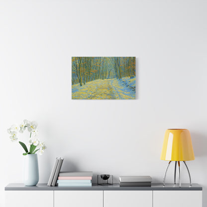 Winter landscape canvas wall art by Printify featuring a cozy nature scene, perfect for living room decor.