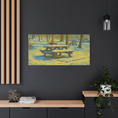 Winter picnic canvas print by Printify featuring snow-covered park bench wall art on a canvas.