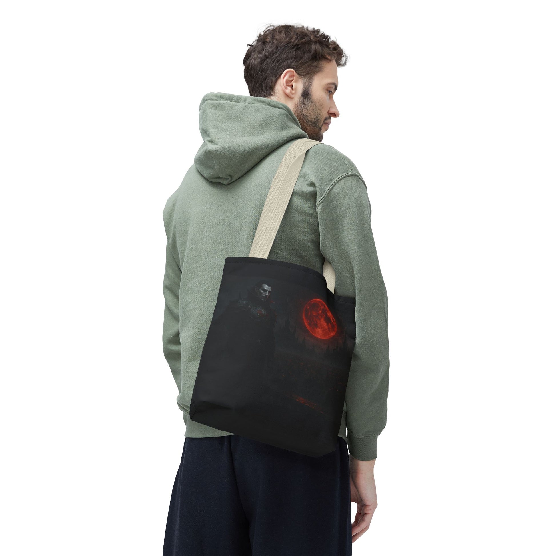 Gothic Dracula tote bag with moonlit vampire art, perfect Halloween gift, made by Printify. Durable fabric and bold design.