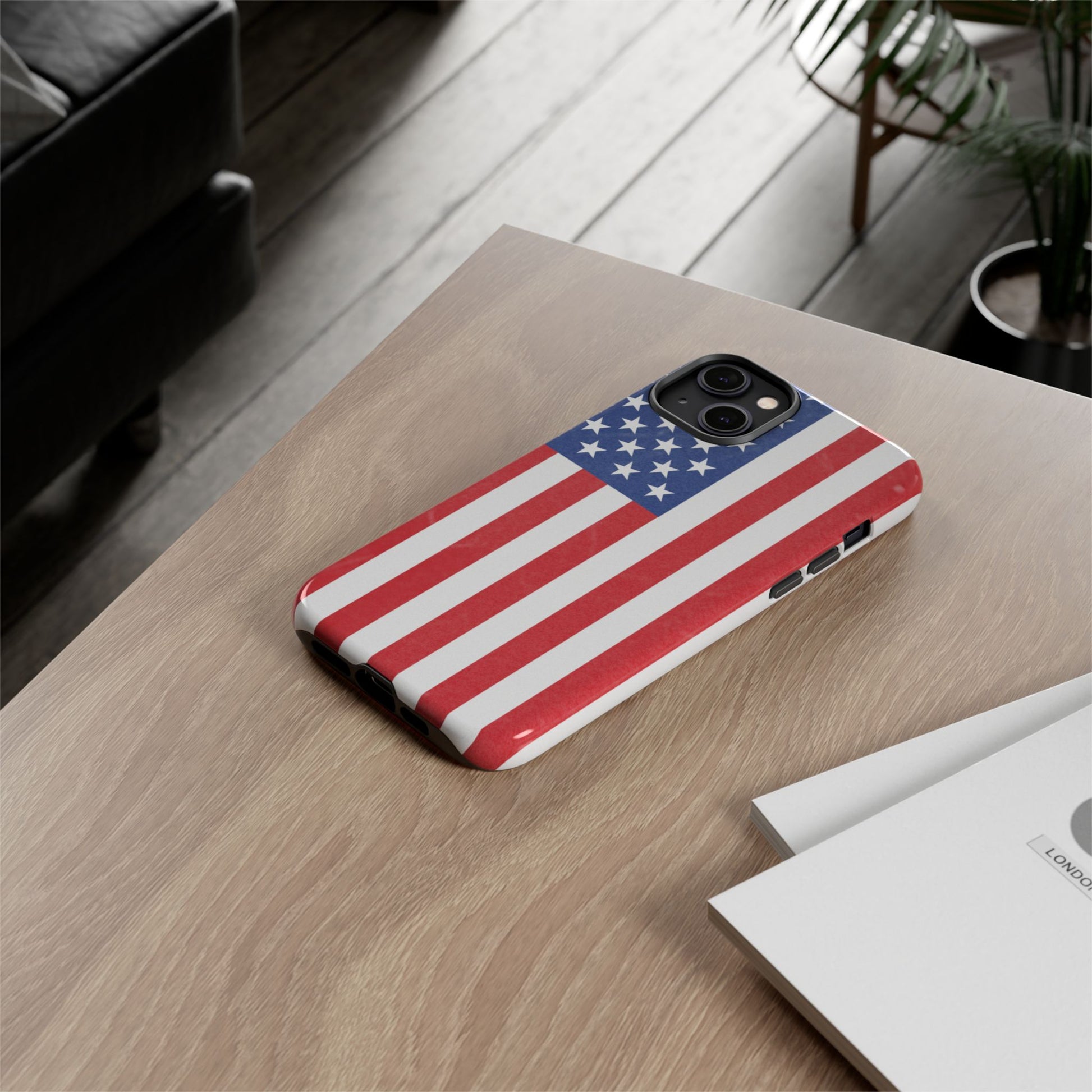 American flag tough phone case by Printify, patriotic protective cover for iPhone and Samsung smartphones.