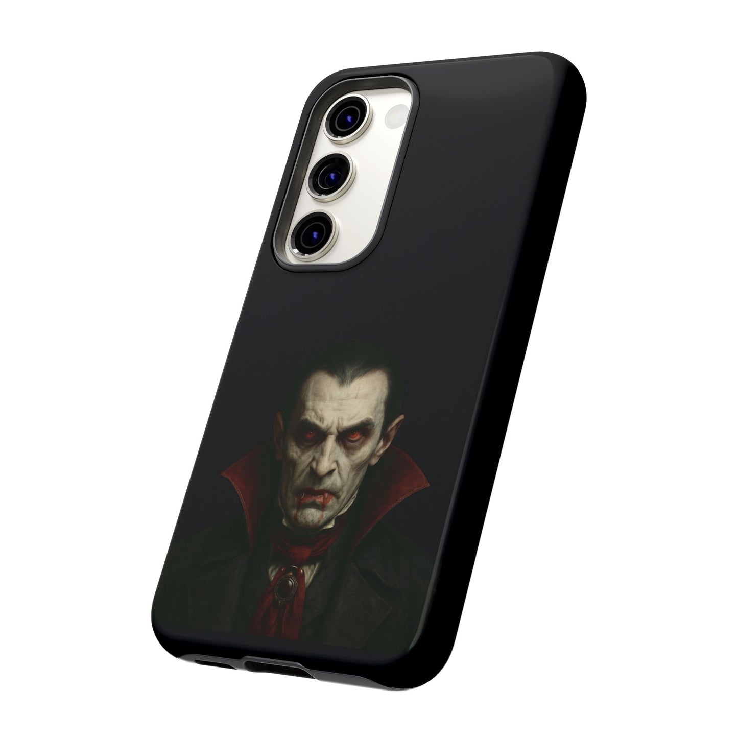 Gothic vampire portrait phone case for iPhone, featuring a Dracula horror design by Printify.