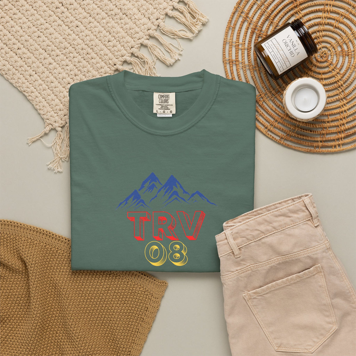 Unisex garment-dyed T-shirt with TRV08 logo from Printify, featuring a casual fit and soft fabric in natural colors.