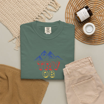 Unisex garment-dyed T-shirt with TRV08 logo from Printify, featuring a casual fit and soft fabric in natural colors.