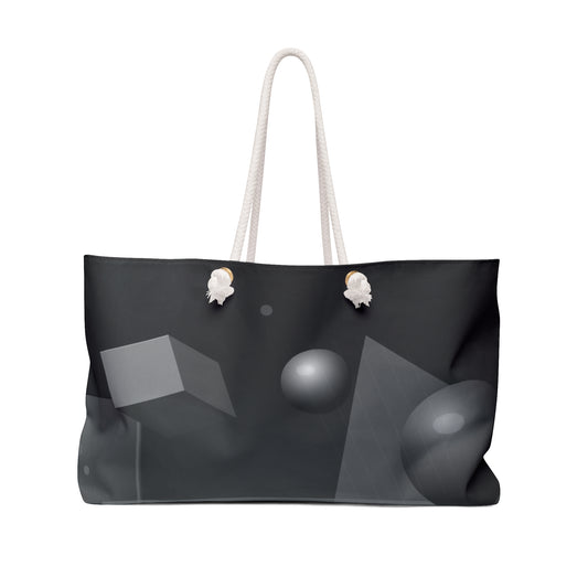 Black and gray geometric spheres print on monochrome tote bag, stylish abstract design, versatile weekender bag from Printify.
