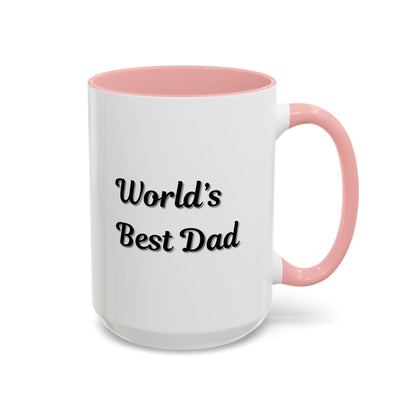 Black trim ceramic coffee mug with "World's Best Dad" accent text, available in 11oz or 15oz sizes, by Printify.
