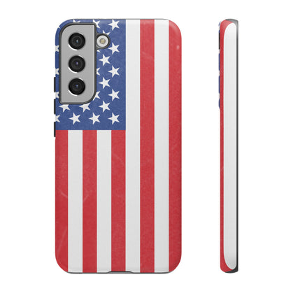 American flag tough phone case for iPhone and Samsung, patriotic protective cover with bold flag design by Printify.