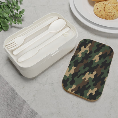 Military green camouflage Bento lunch box by Printify, featuring a durable meal prep container with a camouflage design.