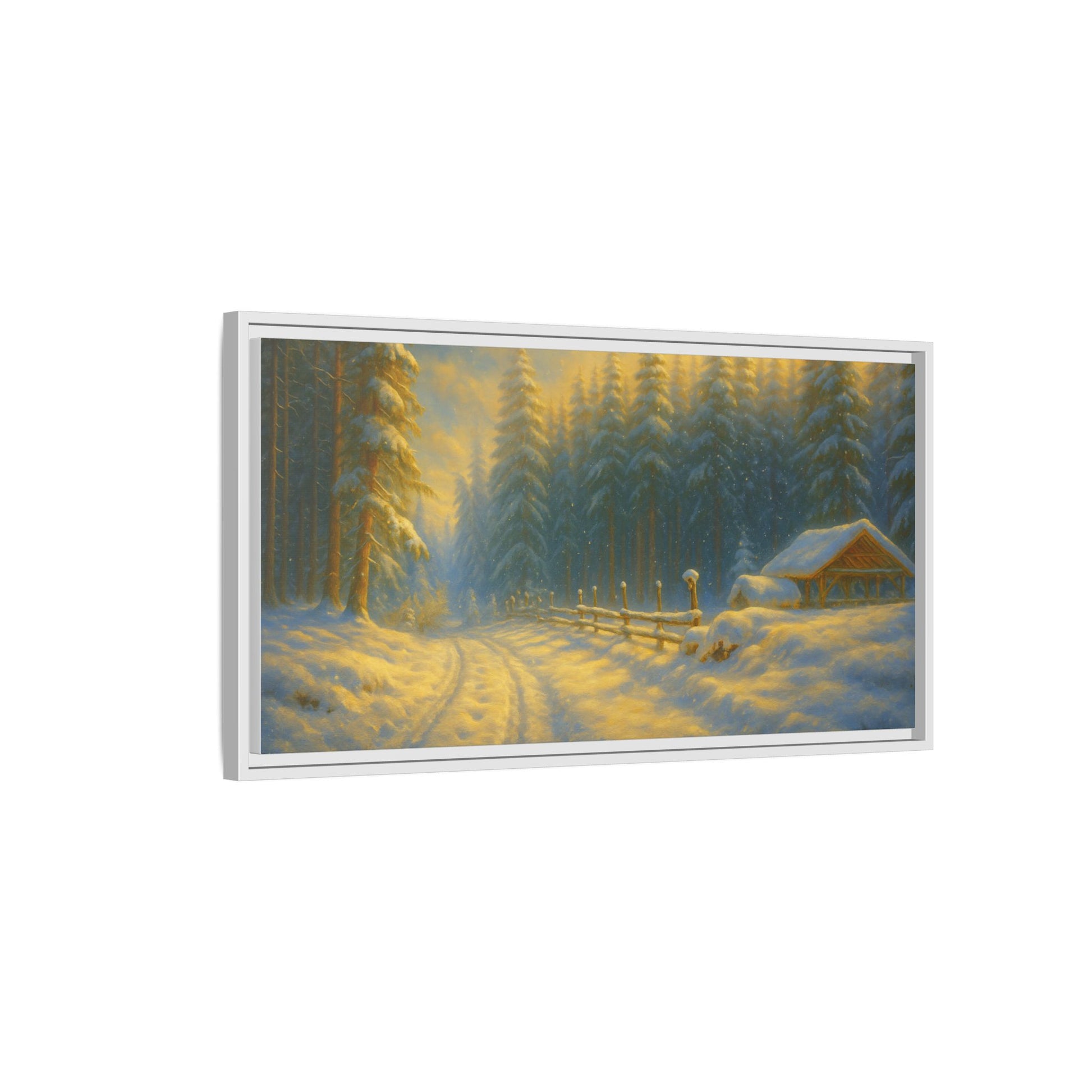 Framed winter cabin canvas print by Printify showing a snowy forest sunset scene for wall decor.