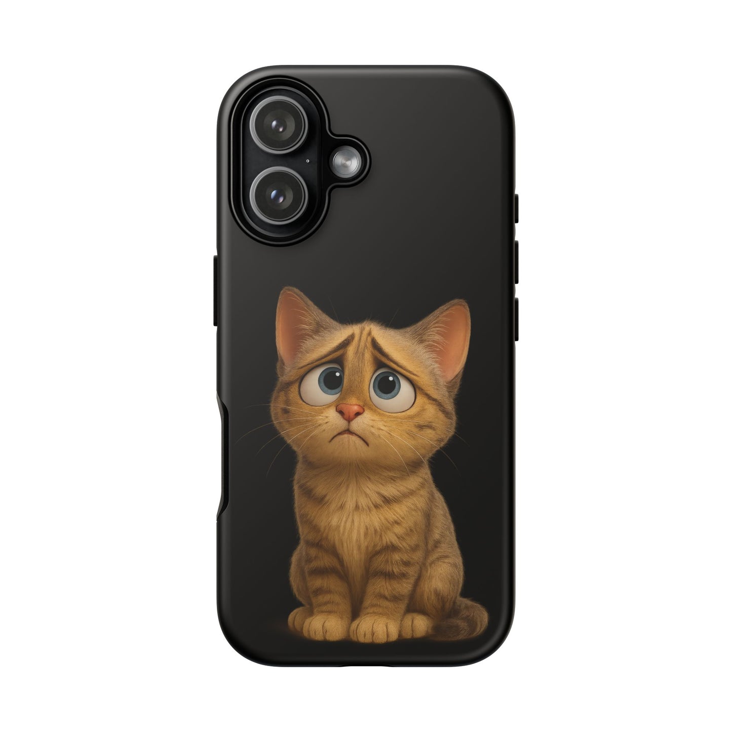 Cute sad kitty print phone case for iPhone, protective and stylish cat phone cover by Printify featuring a sad kitten design.