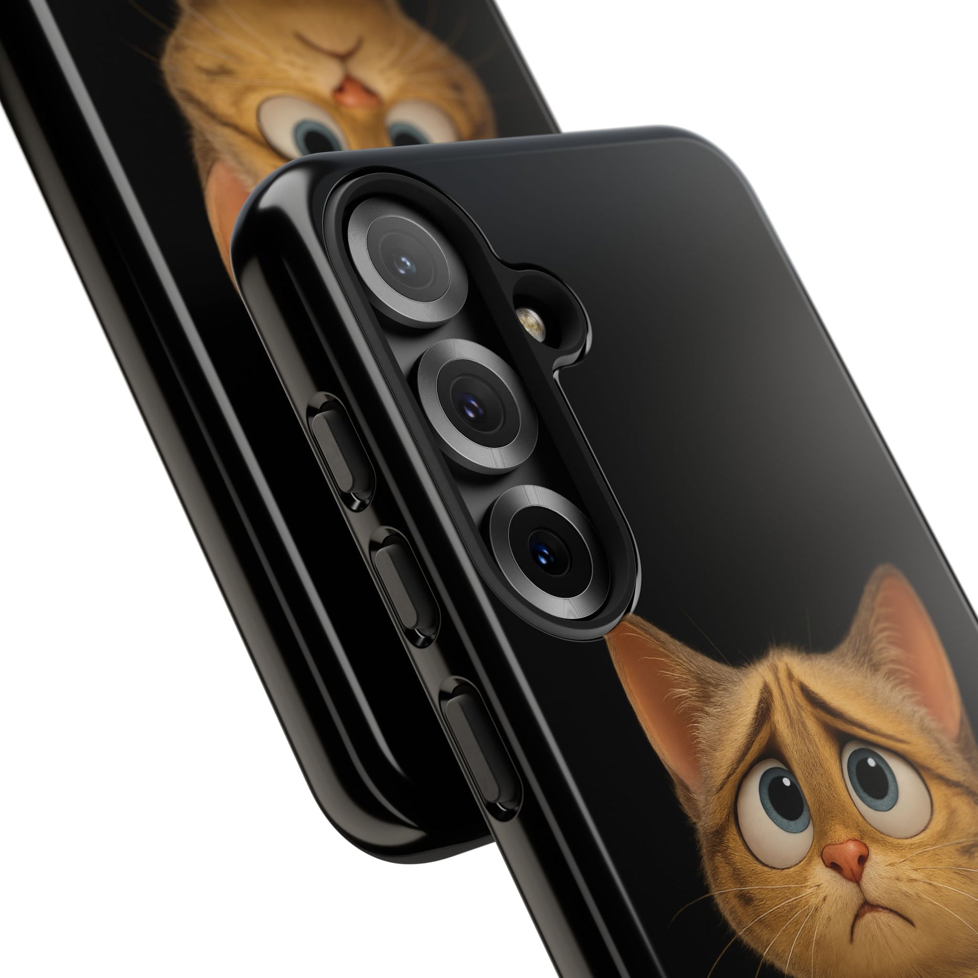 Cute sad kitty print phone case for iPhone, protective and stylish, designed by Printify featuring a sad feline illustration.