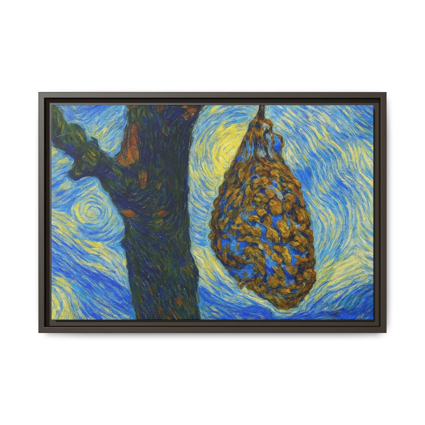 Framed matte canvas art of a starry nut cluster with dried plum colors, by Printify, showcasing detailed botanical artwork.