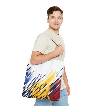 Abstract Brushstroke Tote Bag - Bold Red, Yellow & Blue All-Over Print