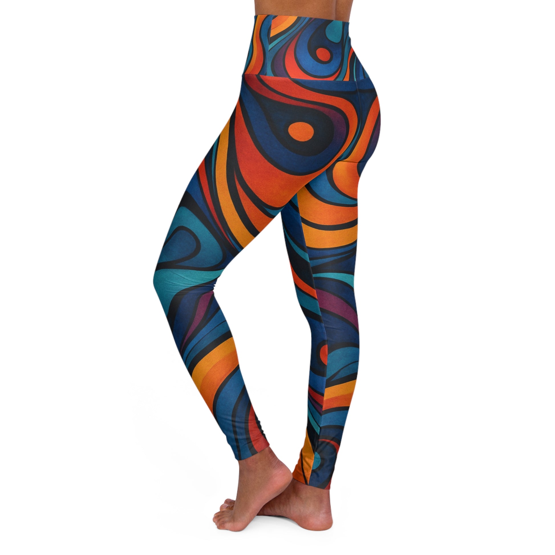 Colorful high-waisted yoga leggings with vibrant all-over print from Printify, designed for activewear and workout comfort.