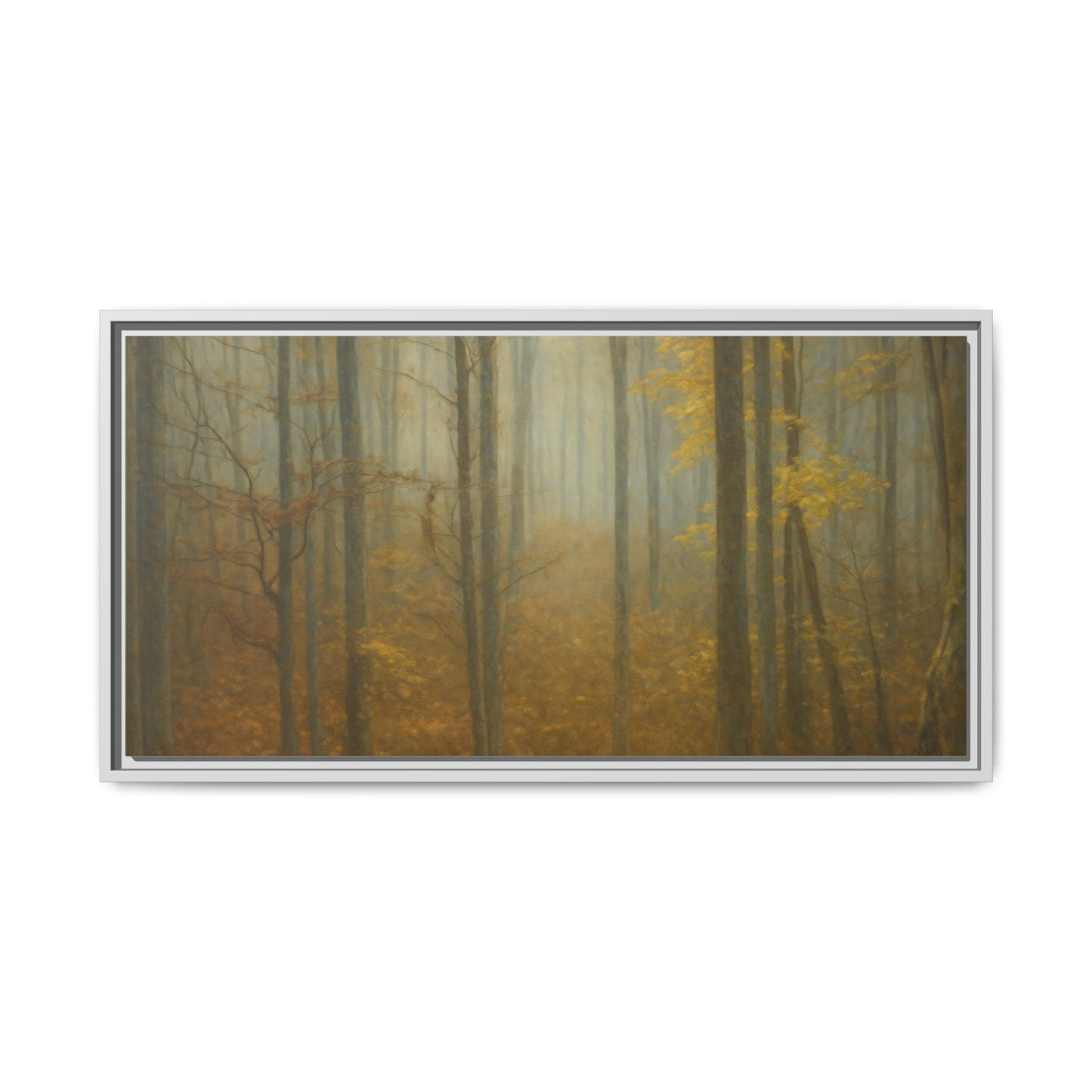 Framed matte canvas wall art featuring a misty autumn forest scene, designed by Printify for natural home decor.
