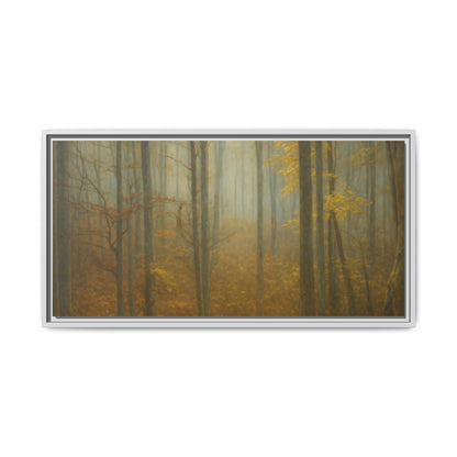 Framed matte canvas wall art featuring a misty autumn forest scene, designed by Printify for natural home decor.