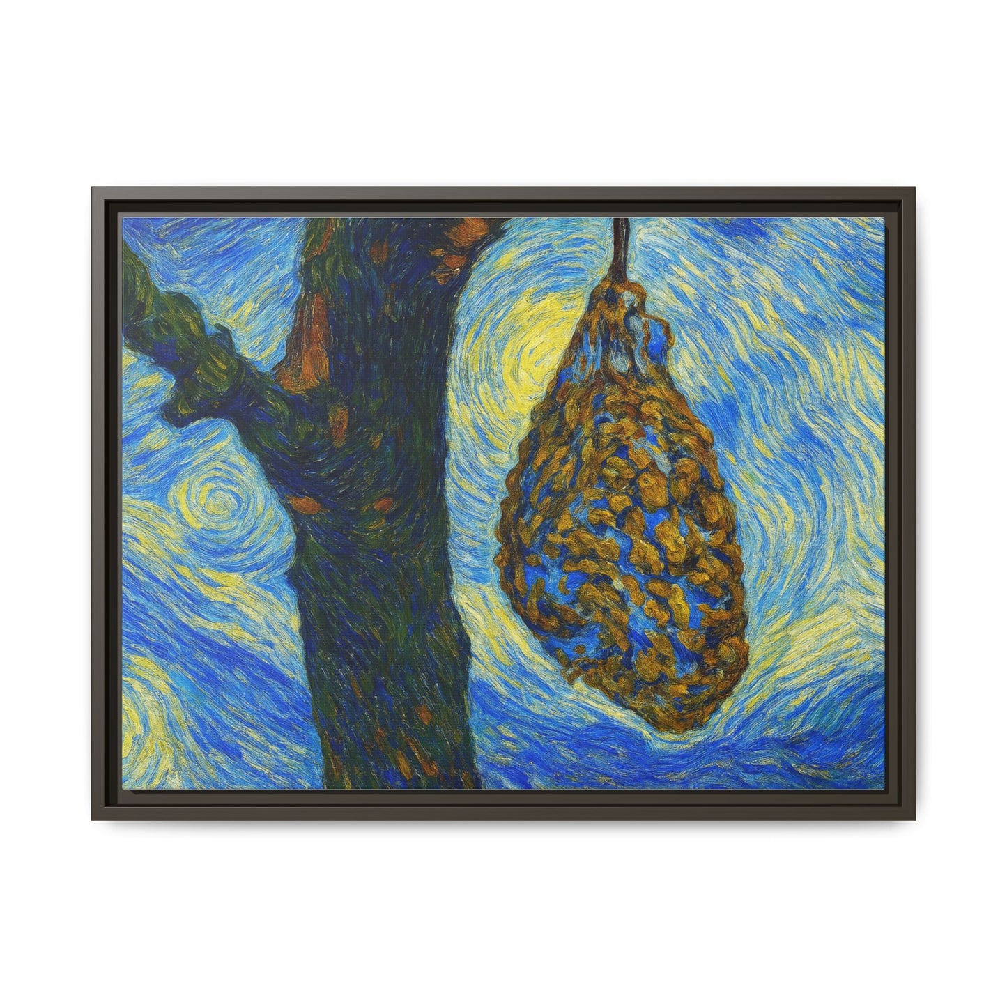 Framed matte canvas art of a starry nut cluster with dried plum in a tree, created by Printify.