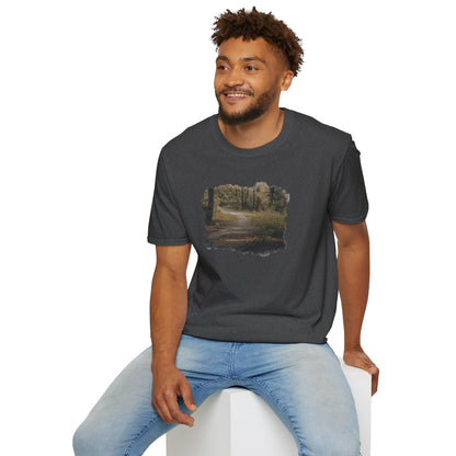 Vintage forest landscape T-shirt by Printify featuring a nature pathway scene, with detailed tree and pathway imagery.