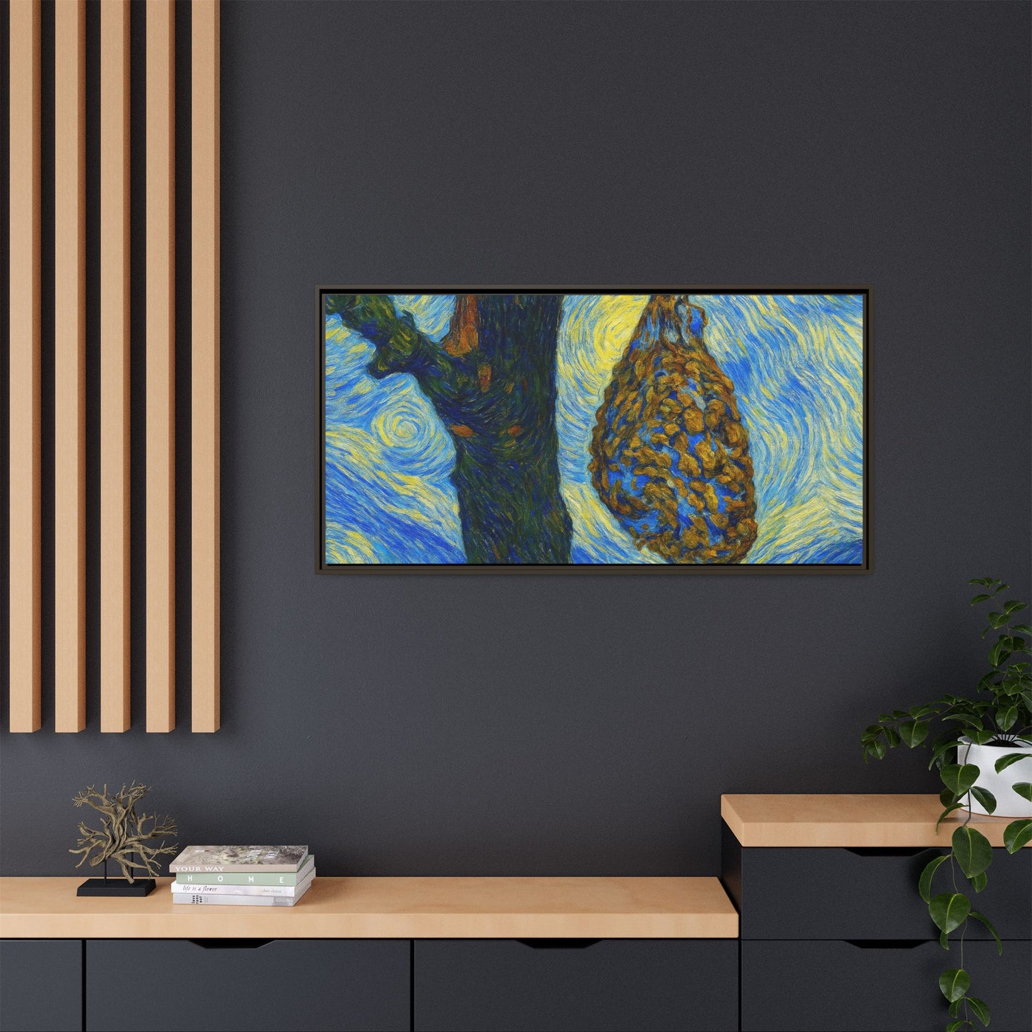 Framed matte canvas art of a starry nut cluster in a dried plum tree, by Printify, showcasing detailed natural imagery.