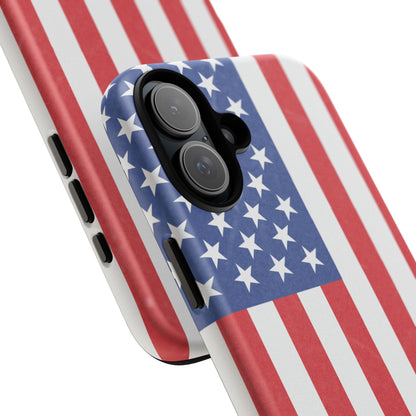 American flag tough phone case for iPhone and Samsung, patriotic protective cover with bold flag design by Printify.