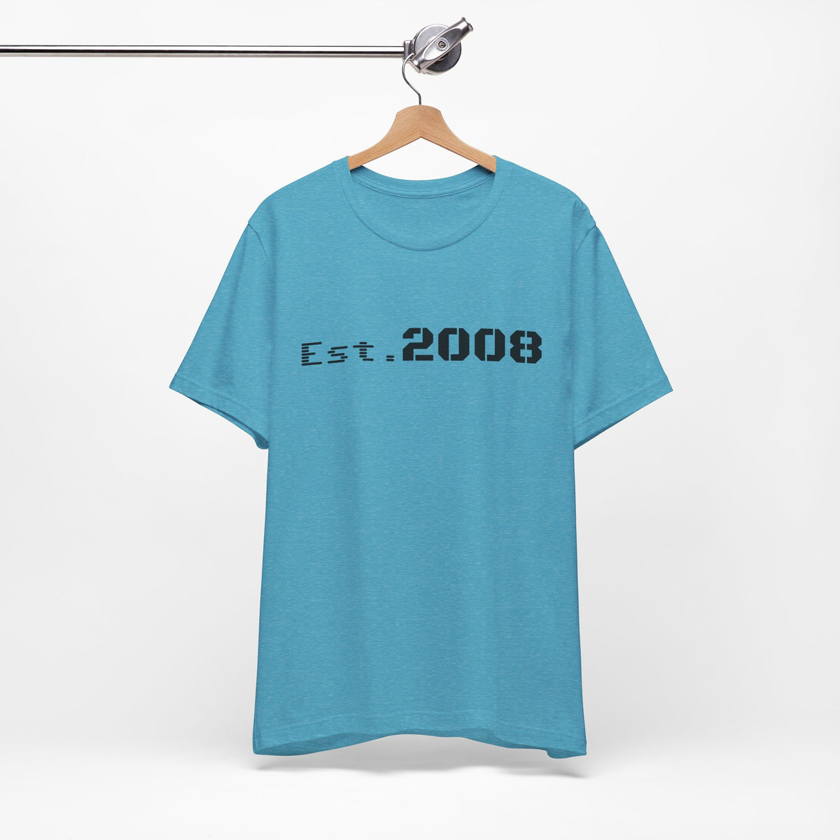 Black graphic T-shirt from Printify featuring "Established 2008" minimal design, casual fit, and printed logo on the front.
