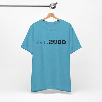 Black graphic T-shirt from Printify featuring "Established 2008" minimal design, casual fit, and printed logo on the front.