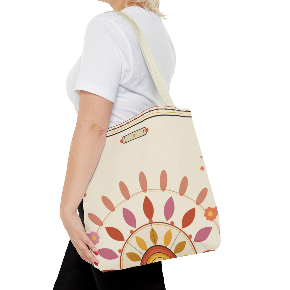 Boho floral mandala tote bag with pastel sunburst pattern, made by Printify, featuring vibrant bohemian design and spacious carry space.