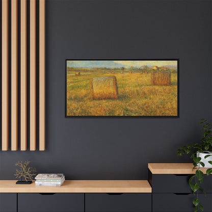 Framed matte canvas wall art of a rustic hayfield landscape print by Printify, showcasing vibrant colors and detailed scenery.