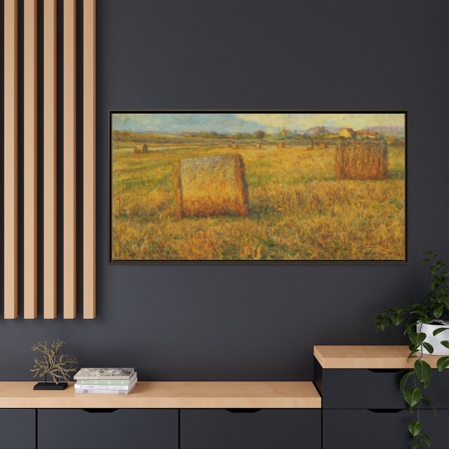 Framed matte canvas wall art featuring a rustic hayfield landscape print by Printify, suitable for farmhouse or nature decor.