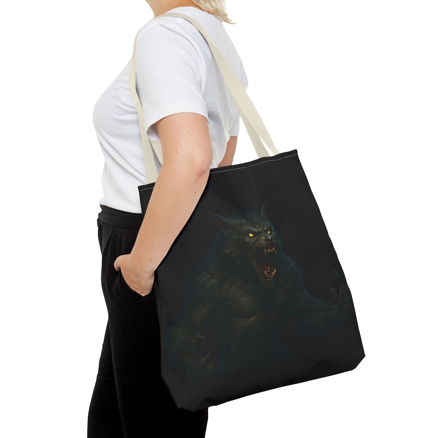 Werewolf tote bag with dark Halloween art, featuring spooky horror-themed design, perfect for horror fans and Halloween accessories.