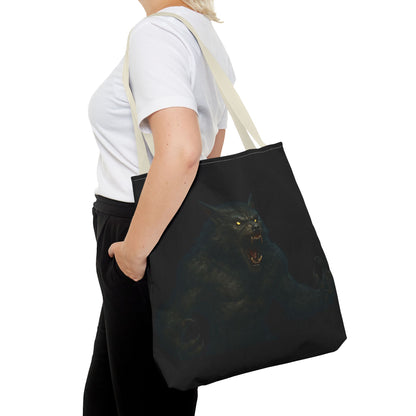 Werewolf tote bag with dark Halloween art, featuring spooky horror-themed design, perfect for horror fans and Halloween accessories.